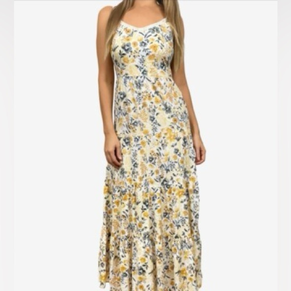 Joie V-neck Maxi Yellow Floral Boho Tiered Impire Cotton Blue Maxi Dress NWT